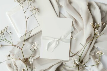 Canvas Print - A small white box wrapped with a white cloth and tied with a bow, ready for gifting