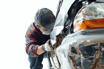 Professional auto repair  master fixing car after accident in photography shot on white background