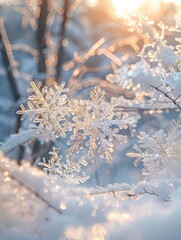 Poster - Sparkling Snowflakes in Winter Wonderland - Delicate snowflakes glisten in the soft, warm glow of winter sunlight, symbolizing peace, tranquility, beauty, nature's artistry, and the magic of winter.