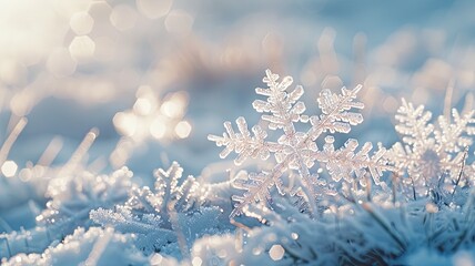 Sticker - Winter Wonderland: Closeup of a Delicate Snowflake in a Snowy Field - A stunning close-up shot of a single snowflake resting on a bed of snow, with the sun shining through the delicate crystals.  It e