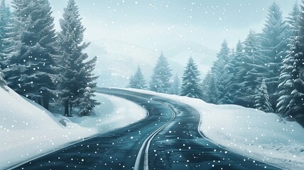 Sticker - Winter Wonderland Road: Snowy Scenic Drive - A winding road through a snowy forest with snow falling softly, symbolizing tranquility, escape, adventure, nature, and winter.