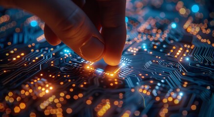 Poster - Close-up of finger pressing on glowing chip on a futuristic circuit board