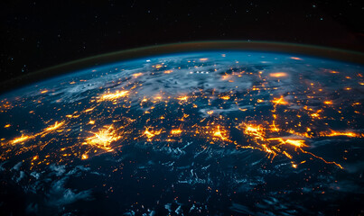 Poster - Glowing Planet at Night with Yellow Network Connecting Cities, Global Connectivity Concept, Futuristic Worldwide Communication, Satellite View of Earth, Nighttime Technological Visualization