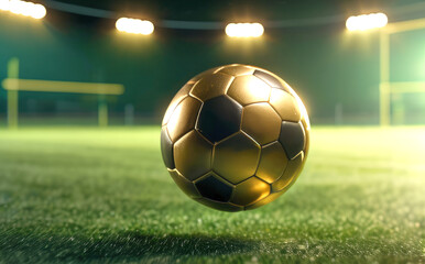 Wall Mural - A golden soccer ball is flying on the green grass of a football field