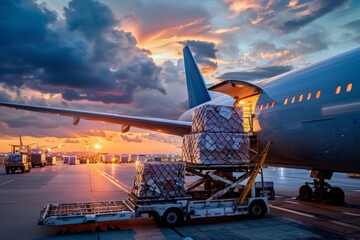 global delivery services: cargo plane loading with international packages for fast worldwide shippin