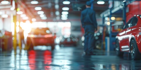 Blurred car workshop with mechanic in the sun rays. Auto repair station.