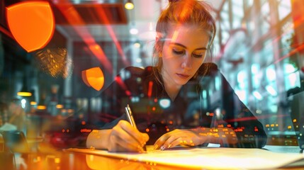 Poster - A woman sits at a table, focused on writing with pen and paper