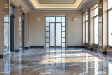 Poster - A modern living room with a marble floor and large windows, perfect for a home office or relaxing space
