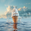 © Sunny 5 - A surreal scene of  ice cream in the sea, clouds as background, minimal concept