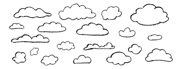 Poster - Set of crayon abstract clouds. Hand drawn cartoon overcast sky. Vector illustration of collection of black eddy on white background. Imitation of children drawing with pencils contour design element.
