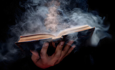 Canvas Print - hand holding mysterious old book, white particle and smoke spread from book