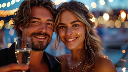 A cheerful couple with sparkling smiles toast with champagne glasses against a bokeh-lit background, capturing a joyful moment of celebration and love under glowing lights.