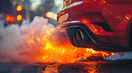 fiery sports car exhaust emitting dramatic flames and smoke on asphalt