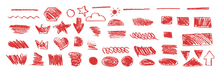 Poster - red underline pencil hand drawn various ellipses, crowns, doodle cloud and sun, arrows, star, triang