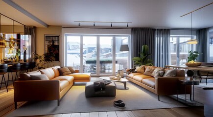 Wall Mural - Elegant modern living room with a cozy seating area, kitchen bar, and a snowy view through large windows.