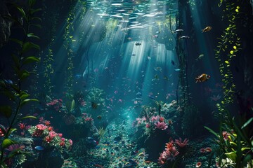 Poster - A vibrant underwater world with fish, plants, and seaweed