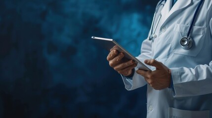 Poster - A doctor in a white coat holds a tablet in their hands