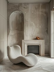 Elegant Curved Armchair in Modern Loft Living Room: Minimalist Interior Design with Plaster Walls and Fireplace. Contemporary Aesthetic Blending Sleek Lines and Organic Forms in Sophisticated Urban Sp