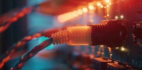 Poster - A close up of an ethernet cable connected to a network device