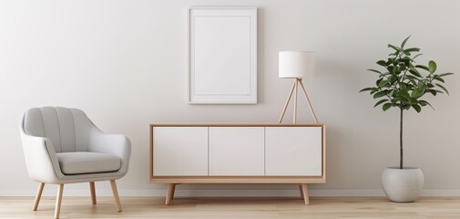 Aufkleber - Modern living room with a minimalist decor, featuring a white cabinet, chair, and lamp near a blank poster frame on the wall, reminiscent of contemporary minimalist design styles.