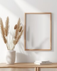 Aufkleber - Blank frame mockup hanging on the wall near a wooden sideboard, with a white background, cactus in a vase, book nearby, and light reflecting from a window.