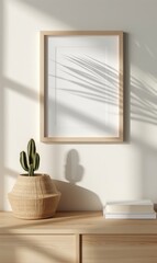 Aufkleber - Minimalist interior design of a modern living room featuring a white cabinet, chair, and lamp near a blank poster frame on the wall, reminiscent of modern minimalist designers' style.