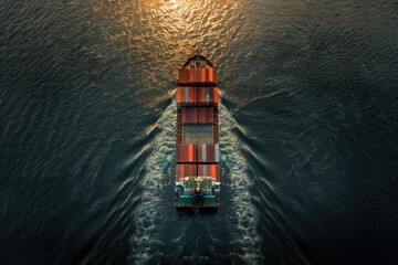 Poster - A large container ship sails across the open water, with cargo containers stacked high on its deck