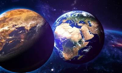 Wall Mural - two planets colliding in space. 4k video hyperrealistic