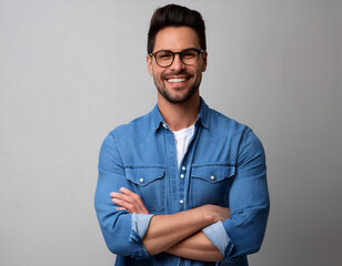  Portrait of Happy Fashionable Handsome Man- A cheerful and stylish man in a jeans shirt_1(242)