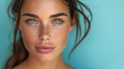 Sticker - Captivating Gaze: A close-up portrait of a woman with captivating blue eyes and freckles, exuding confidence and natural beauty against a serene blue backdrop.  