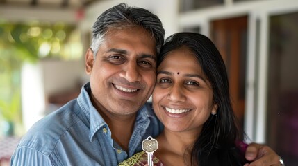 Wall Mural - indian couple celebrating new home ownership with house keys