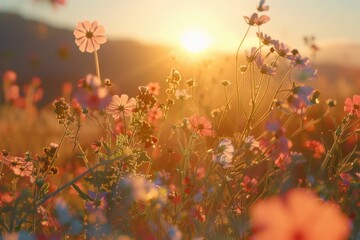 Poster - A beautiful field of blooming flowers with the sun setting in the background