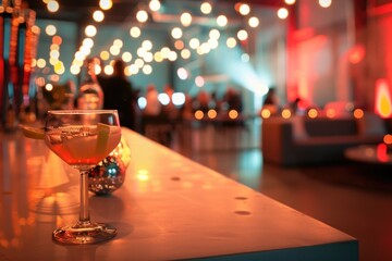 Poster - A single glass of wine sits on the top of a bar, ready for a drink