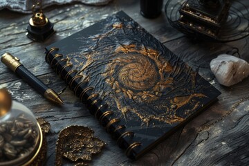 Poster - A close-up shot of a black and gold book with a pen lying on top, ideal for use in editorial or creative projects