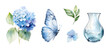 © SvetaArt - Watercolor set of  blue hydrangea branch with butterfly and vase