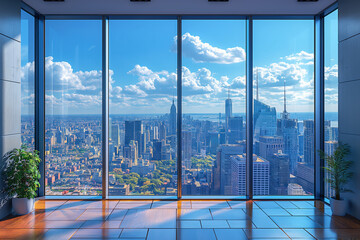 Poster - Large modern office building interior showing new york city skyline