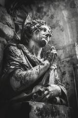Poster - A classic black and white photograph of a statue in a serene environment