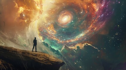 Wall Mural - Gazing into the Cosmic Vortex - A Human Amidst the Celestial Dance