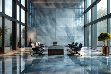 Wall Mural - Modern boardroom with glass table and marble walls reflecting sunlight