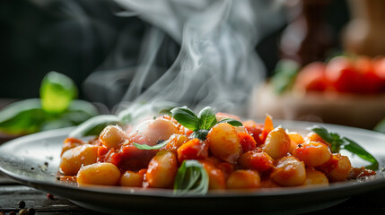 plate of steaming homemade gnocchi, topped with a rich tomato sauce and basil leaves