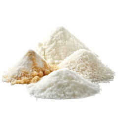 Salt, sugar and flour in piles isolated on white background