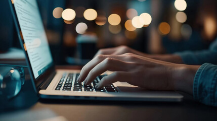 Poster - Close-up of hands typing on a laptop with a blurred background of bokeh lights, indicating a work or study environment.