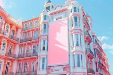Poster - A city building with a large pink billboard advertising something