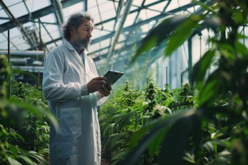 Poster - A scientist stands in a greenhouse, holding a tablet and surrounded by plants