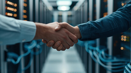 Wall Mural - Close-up of a handshake in a data center with server racks and cables in the background.