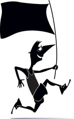 Poster - Running man holding a flag. 
Cartoon running man holds a flag in his hand. Black and white illustration
