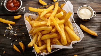 Poster - A basket of golden, crispy French fries served with ketchup and mayonnaise on a rustic wooden table.