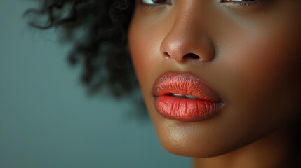 Wall Mural - Close-up shot of a woman lips. Beauty injections concept. Peachy lipstick. Fashion make up. Cosmetology, drugstore or fashion makeup.