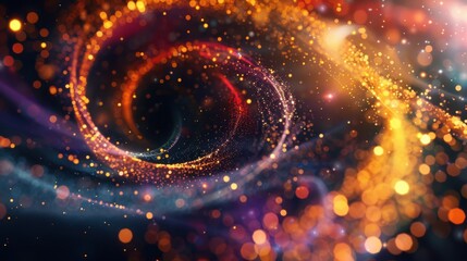 Poster - Vortex of colorful particles swirling in a dark space, 3D background, particle abstract 