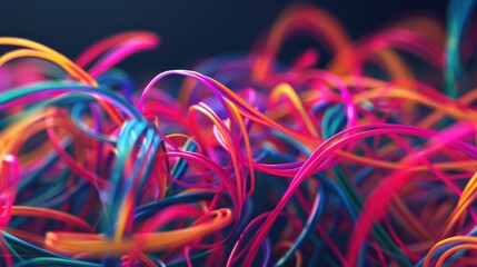 Aufkleber - Tangle of neon threads against a dark backdrop, 3D background, thread abstract